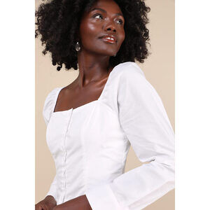 Lulus Demure And Sweet White Button-front Long Sleeve Top - Size L